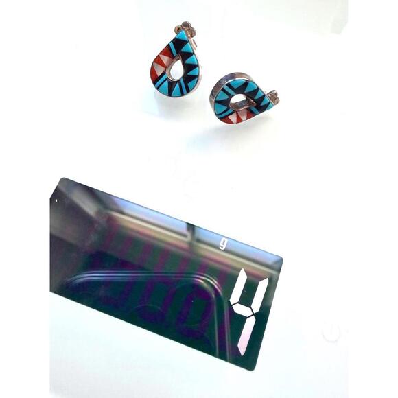 VTG LAAHTY Zuni Handmade Turquoise Multi-Stone Silver 925 Channel Inlay Earrings - Picture 6 of 7